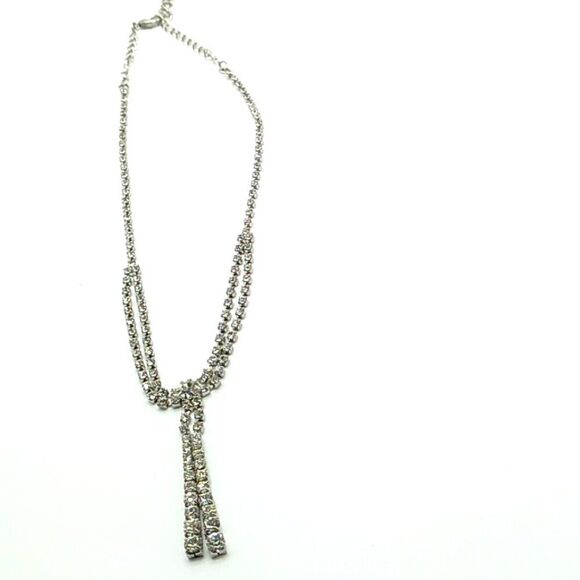 Clear Rhinestone Necklace Vintage Two Strand Bib Style Choker Dangle Drop Pendan - Picture 2 of 7